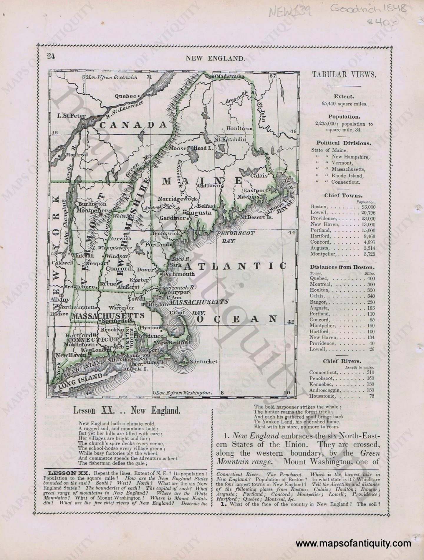 Antique-Printed-Color-Map-New-England-Verso-Washington-DC-Engravings-1848-Goodrich-Northeast-1800s-19th-century-Maps-of-Antiquity