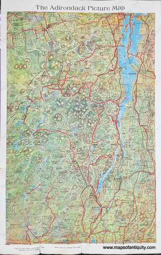 Antique-Printed-Color-Pictorial-Map-The-Adirondack-Picture-Map-1921-E.A.-Knight-Northeast-Adirondacks-Mountains-Lake-George-Lake-Champlain-1900s-20th-century-Maps-of-Antiquity