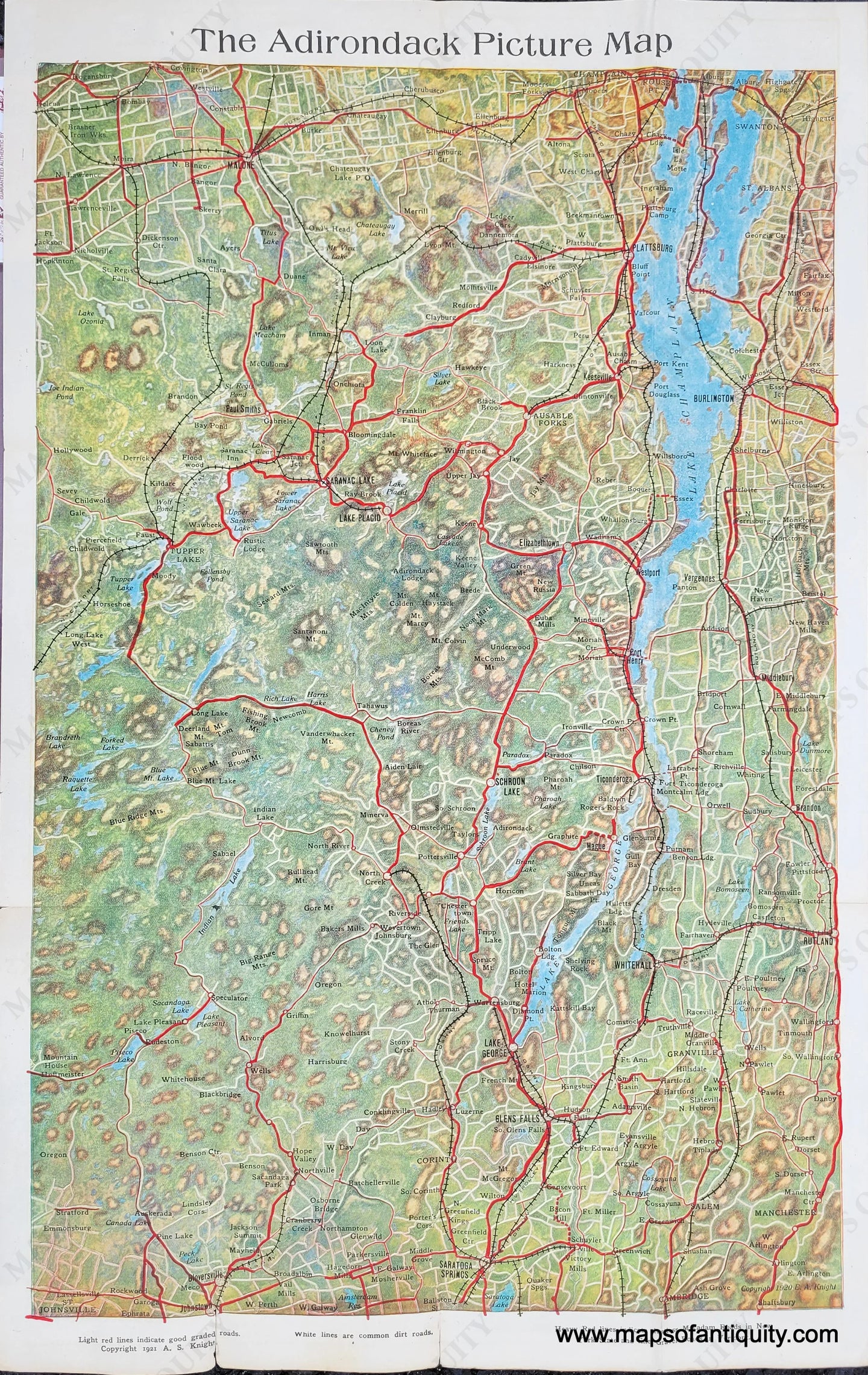 Antique-Printed-Color-Pictorial-Map-The-Adirondack-Picture-Map-1921-E.A.-Knight-Northeast-Adirondacks-Mountains-Lake-George-Lake-Champlain-1900s-20th-century-Maps-of-Antiquity