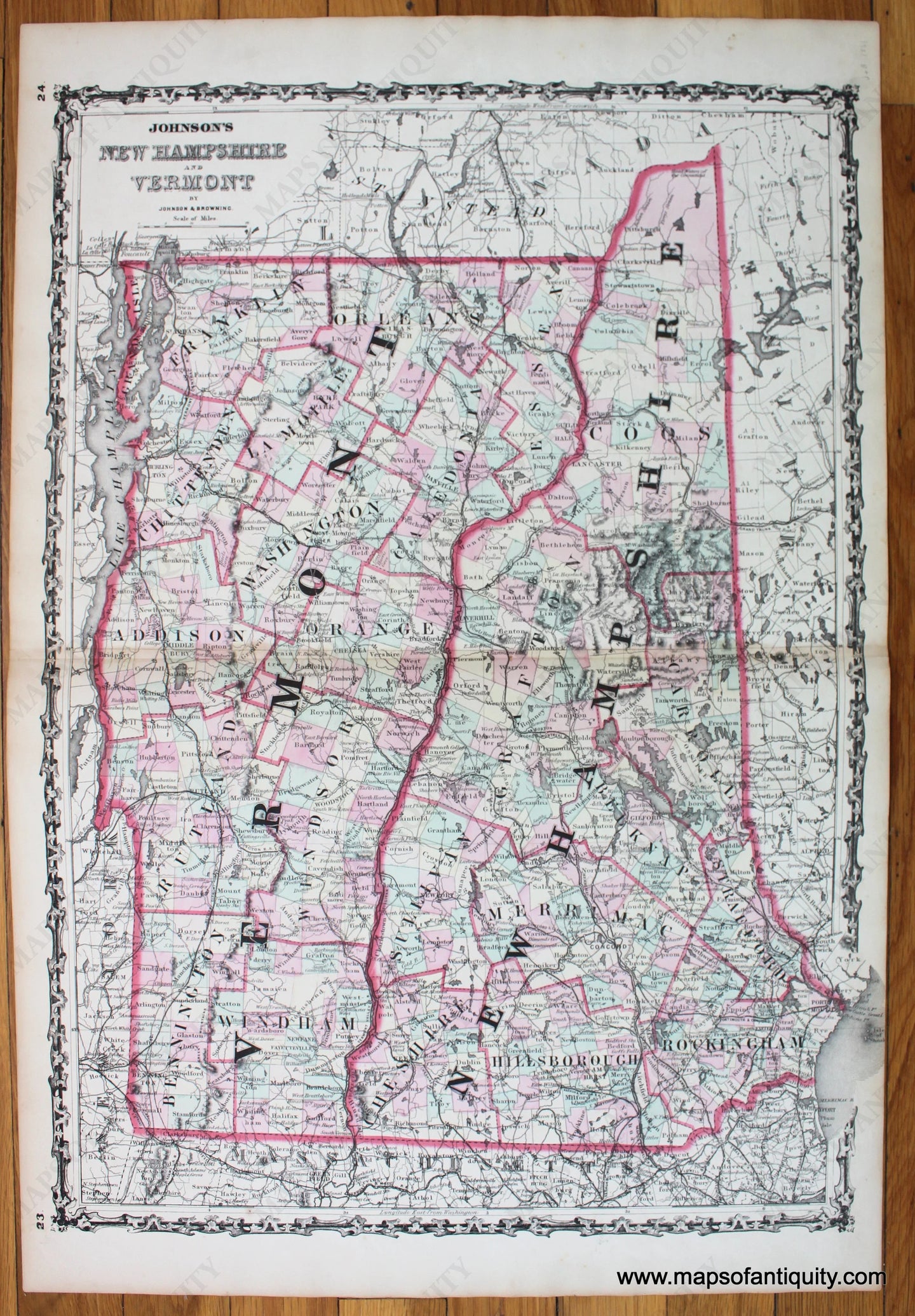 Antique-Hand-Colored-Map-Johnson's-New-Hampshire-and-Vermont-1861-Johnson-&-Browning-Northeast-New-Hampshire-Vermont-1800s-19th-century-Maps-of-Antiquity