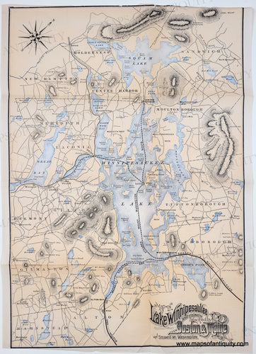 Antique map of Lake Winnipesaukee with a yellow tan color for the land and blue for the water. details of topography, towns, roads. Genuine-Antique-Map-Map-of-Lake-Winnipesaukee-and-Vicinity-reached-by-Boston---Maine-and-Steamer-Mt-Washington--1887-Rand-Avery-Supply-Boston-Maine-Railroad-Maps-Of-Antiquity