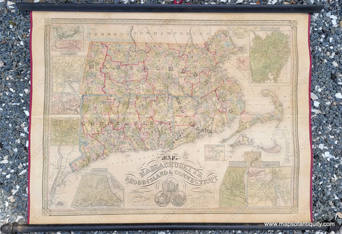 Genuine-Antique-Wall-Map-Map-of-Massachusetts-Rhode-Island-Connecticut-compiled-from-the-Latest-Authorities-1852-Ensign-Thayer-Maps-Of-Antiquity