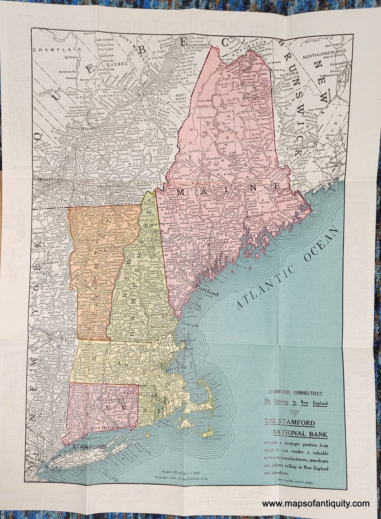 Genuine-Antique-Map-Rand-McNally-Co-s-Pocket-Map-of-the-New-England-States-1909-Rand-McNally-Co--Maps-Of-Antiquity