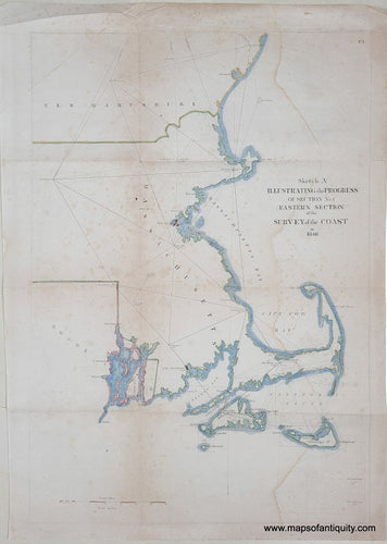 chart of the coasts of Rhode Island, Massachusetts, and New Hampshire and Maine. Genuine-Antique-Chart-New-England-Coast-Survey---Sketch-A-Illustrating-the-Progress-of-Section-No-1-Eastern-Section-of-the-Survey-of-the-Coast-in-1846-1846-U-S-Coast-Survey-Maps-Of-Antiquity