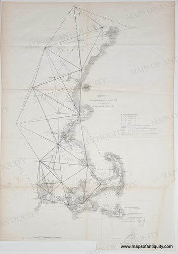 antique chart of the coasts of Rhode Island, Massachusetts, and New Hampshire and Maine. Genuine-Antique-Chart-New-England-Coast-Survey---Sketch-A-Illustrating-the-Progress-of-Section-No-1-Eastern-Section-of-the-Survey-of-the-Coast-in-1846-1846-U-S-Coast-Survey-Maps-Of-Antiquity
