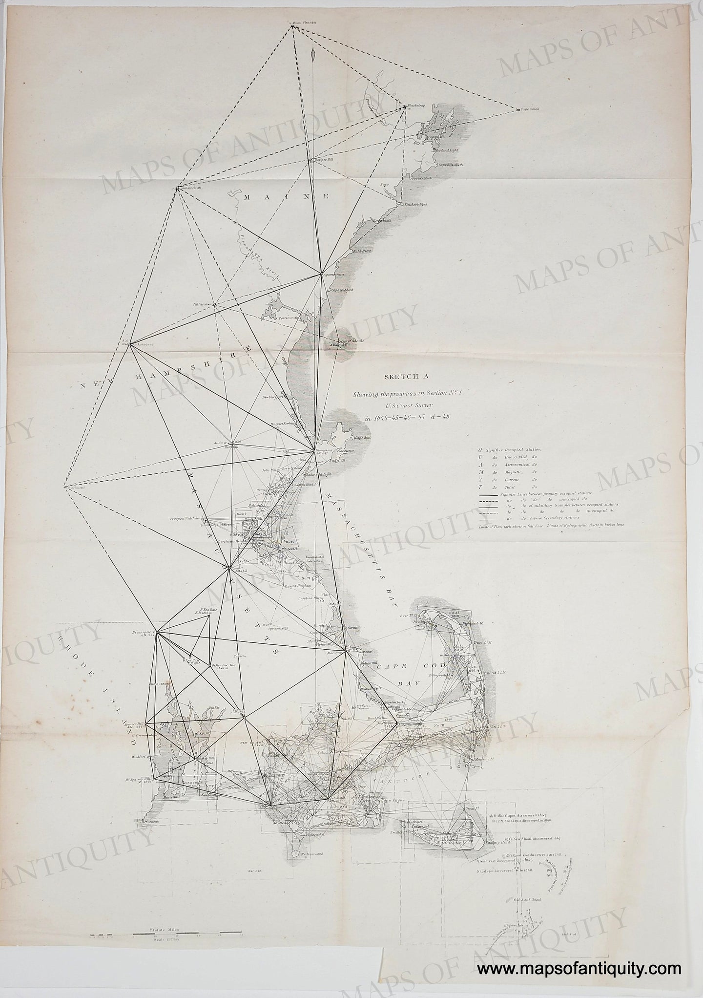 antique chart of the coasts of Rhode Island, Massachusetts, and New Hampshire and Maine. Genuine-Antique-Chart-New-England-Coast-Survey---Sketch-A-Illustrating-the-Progress-of-Section-No-1-Eastern-Section-of-the-Survey-of-the-Coast-in-1846-1846-U-S-Coast-Survey-Maps-Of-Antiquity