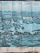 Load image into Gallery viewer, Antique Bird&#39;s-eye view map of lake Winnipesaukee in New Hampshire with the White Mountains in the distance. Chromolithograph with blue coloring.
