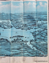 Load image into Gallery viewer, Antique Bird&#39;s-eye view map of lake Winnipesaukee in New Hampshire with the White Mountains in the distance. Chromolithograph with blue coloring.
