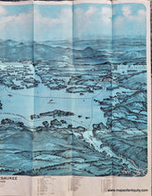 Load image into Gallery viewer, Antique Bird&#39;s-eye view map of lake Winnipesaukee in New Hampshire with the White Mountains in the distance. Chromolithograph with blue coloring.
