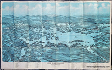 Load image into Gallery viewer, Antique Bird&#39;s-eye view map of lake Winnipesaukee in New Hampshire with the White Mountains in the distance. Chromolithograph with blue coloring.
