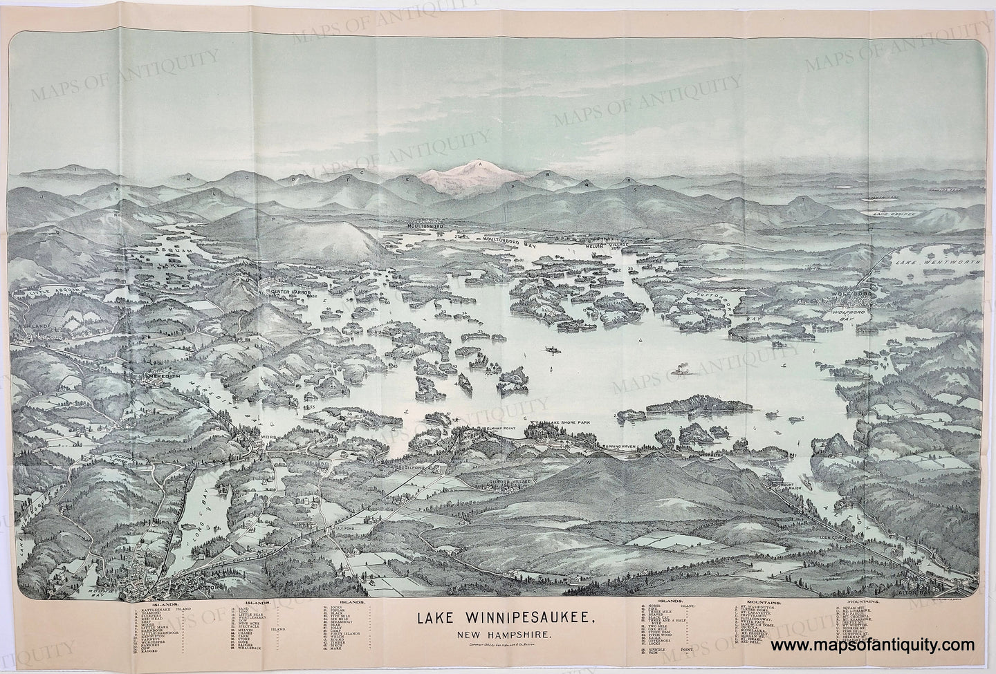 Antique view map of Lake Winnipesaukee, New Hampshire. Genuine-Antique-Bird's-Eye-View-Map-Lake-Winnipesaukee-Mount-Washington-New-Hampshire-NH-United-States-Northeast-1909-Walker-Maps-Of-Antiquity