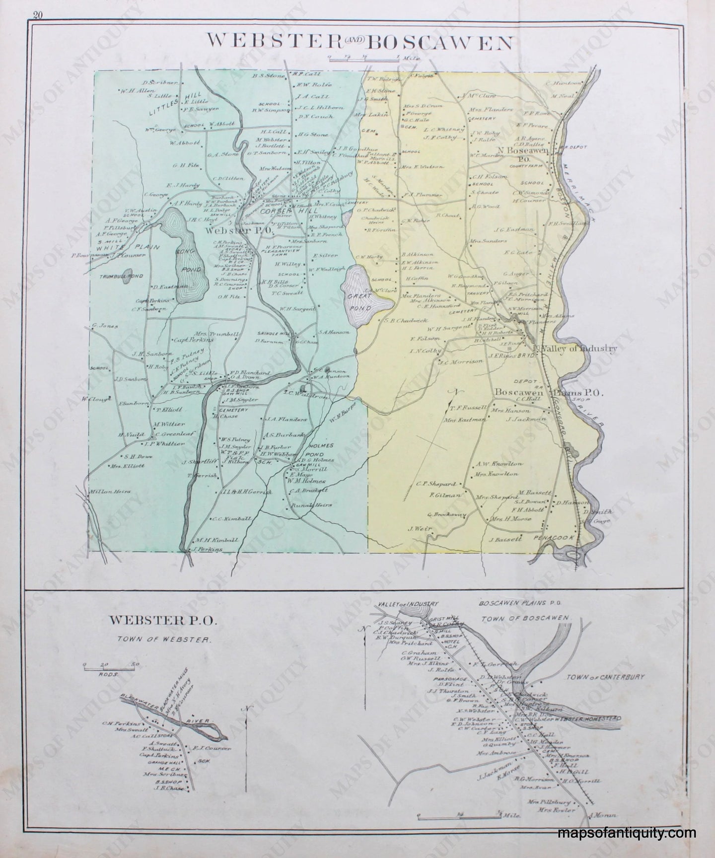 Antique-Map-Webster-and-Boscawen-(NH)-New-Hampshire--1892-Hurd-Maps-Of-Antiquity