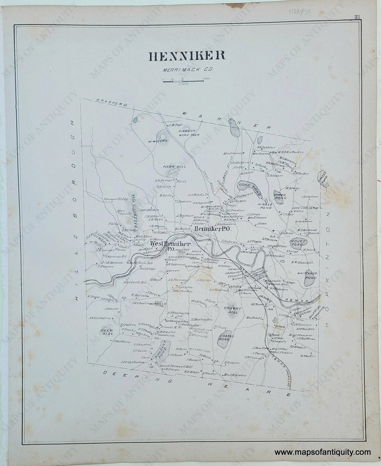 Antique-Map-Henniker-(NH)-New-Hampshire--1892-Hurd-Maps-Of-Antiquity