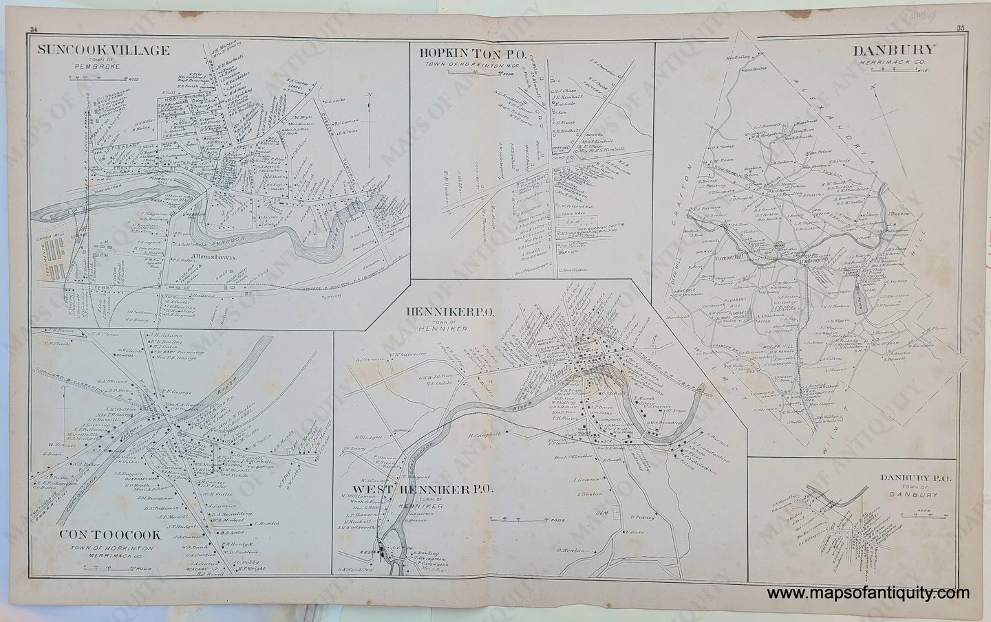 Antique-Map-Hopkinton-Suncook-Village-Danbury-Henniker-West-Henniker-Contoocook-(NH)-New-Hampshire--1892-Hurd-Maps-Of-Antiquity