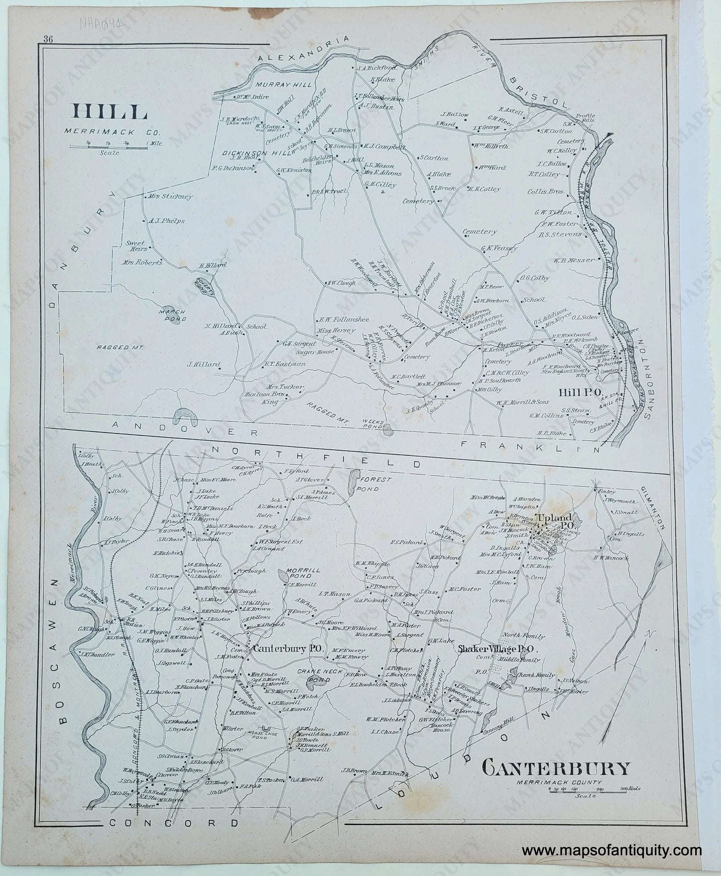 Antique-Map-Hill-Canterbury-NH-New-Hampshire--1892-Hurd-Maps-Of-Antiquity