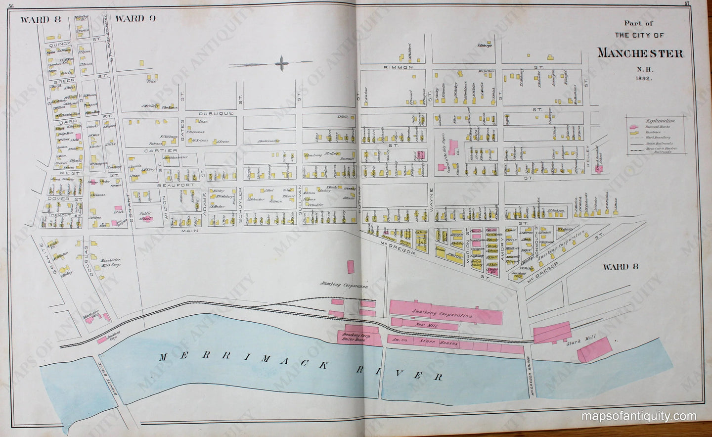 Antique-Map-Part-of-the-City-of-Manchester-N.H.-1892-Wards-8-and-9-New-Hampshire--1892-Hurd-Maps-Of-Antiquity