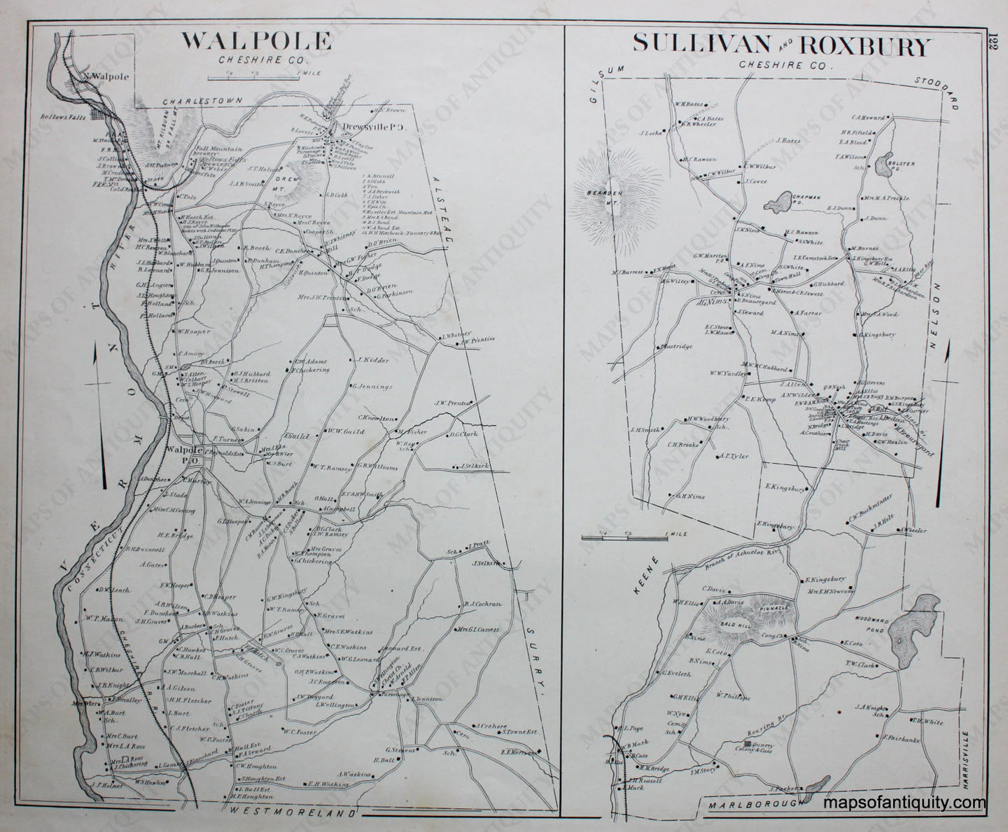 Antique-Map-Walpole-Sullivan-and-Roxbury-(NH)-New-Hampshire--1892-Hurd-Maps-Of-Antiquity