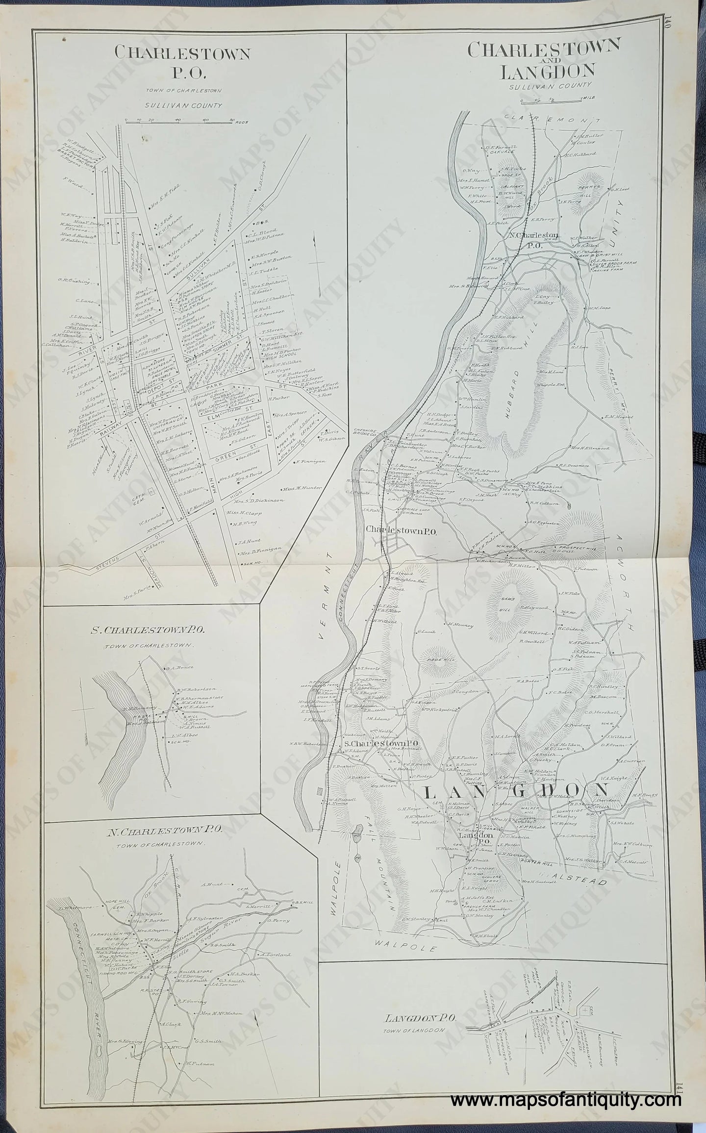 Antique-Map-Charlestown-and-Langdon-(NH)-New-Hampshire--1892-Hurd-Maps-Of-Antiquity