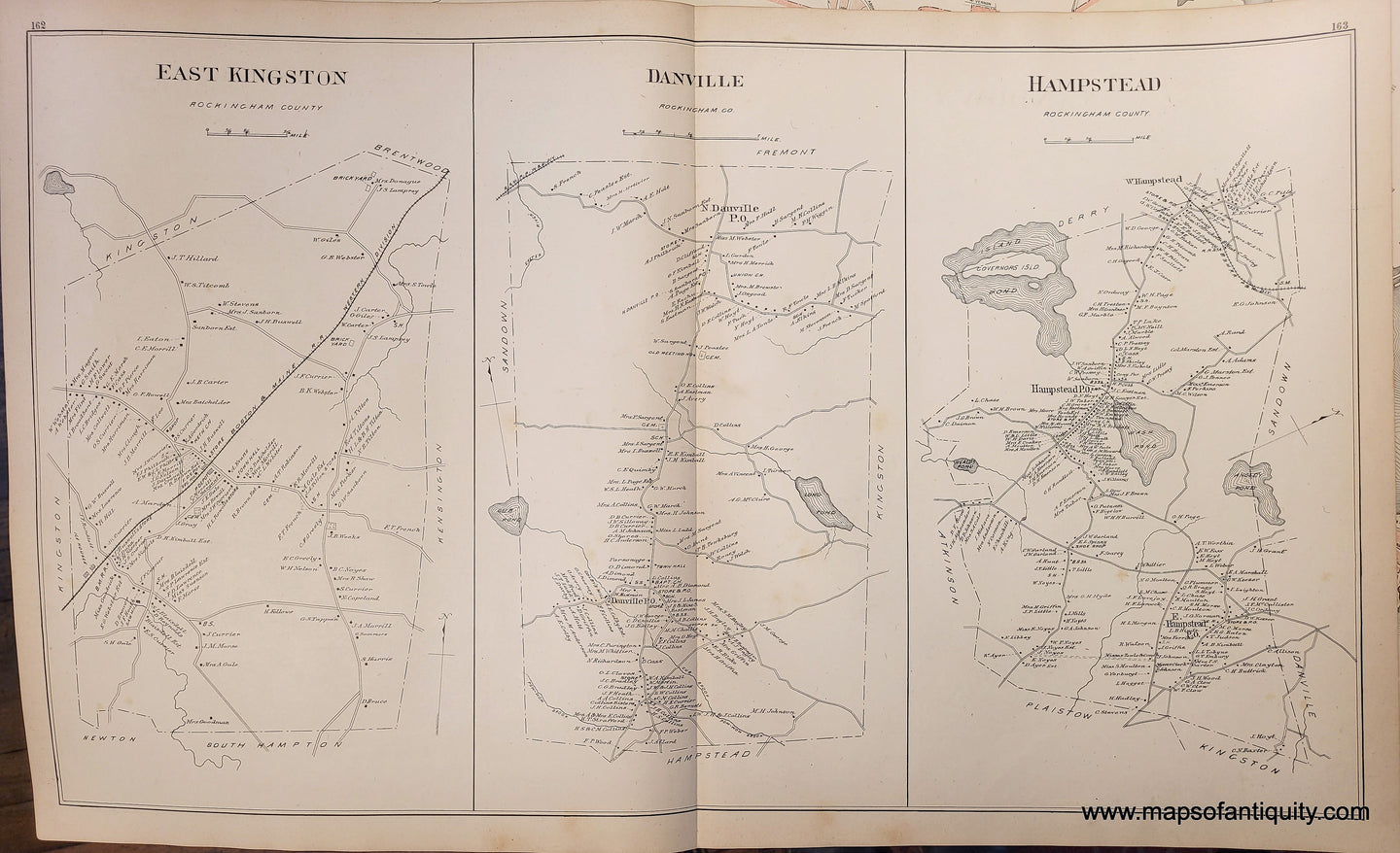 Antique maps of Danville, Hampstead, and East Kingston. Centerfold page with three maps side-by-side. Black print on toned paper. Genuine antique. Some orange-brown spots called foxing (mild). Shows property owners' names at the time. 