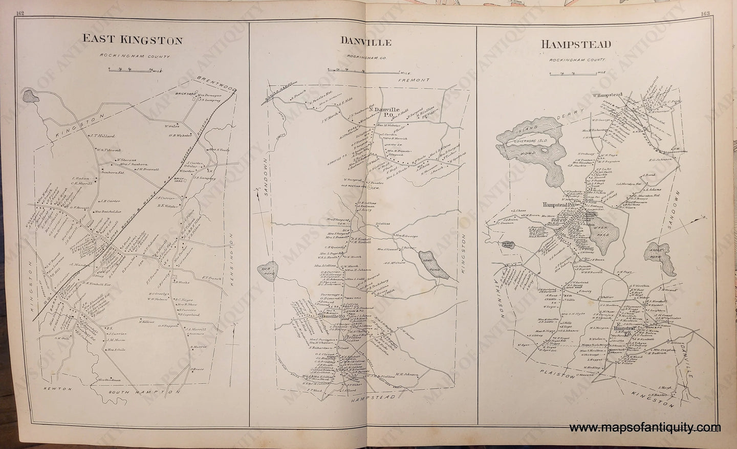 Antique maps of Danville, Hampstead, and East Kingston. Centerfold page with three maps side-by-side. Black print on toned paper. Genuine antique. Some orange-brown spots called foxing (mild). Shows property owners' names at the time. 