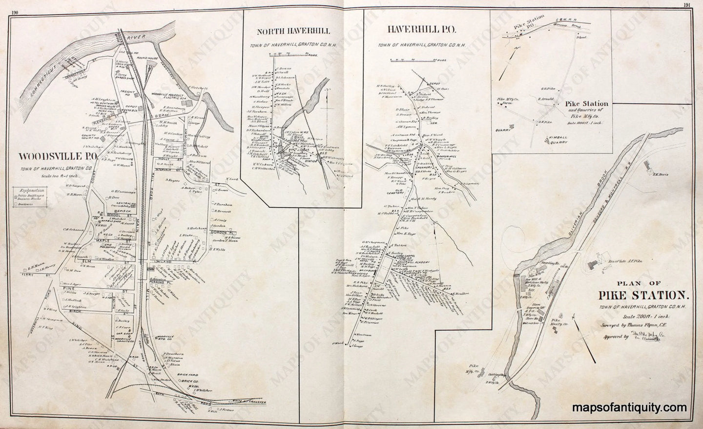 Antique-Map-Woodsville-North-Haverhill-Haverhill-P.O.-Pike-Station-(NH)-New-Hampshire--1892-Hurd-Maps-Of-Antiquity