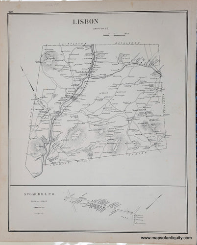 antique black and white map of the town of Lisbon New Hampshire from 1892. At bottom is an enlargement of Sugar Hill PO in Lisbon.