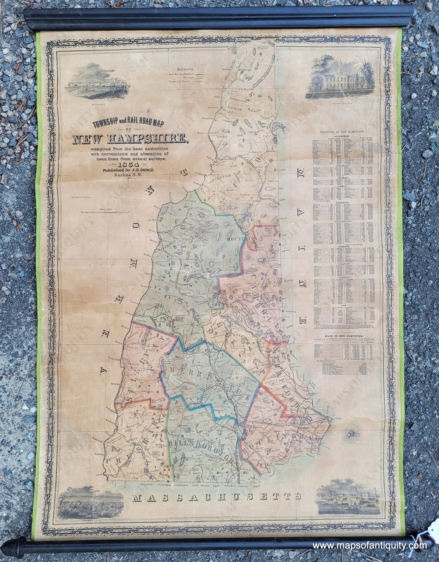 Antique-Wall-Map-Township-and-Railroad-Map-of-New-Hampshire-New-Hampshire--1854-Dodge-Maps-Of-Antiquity