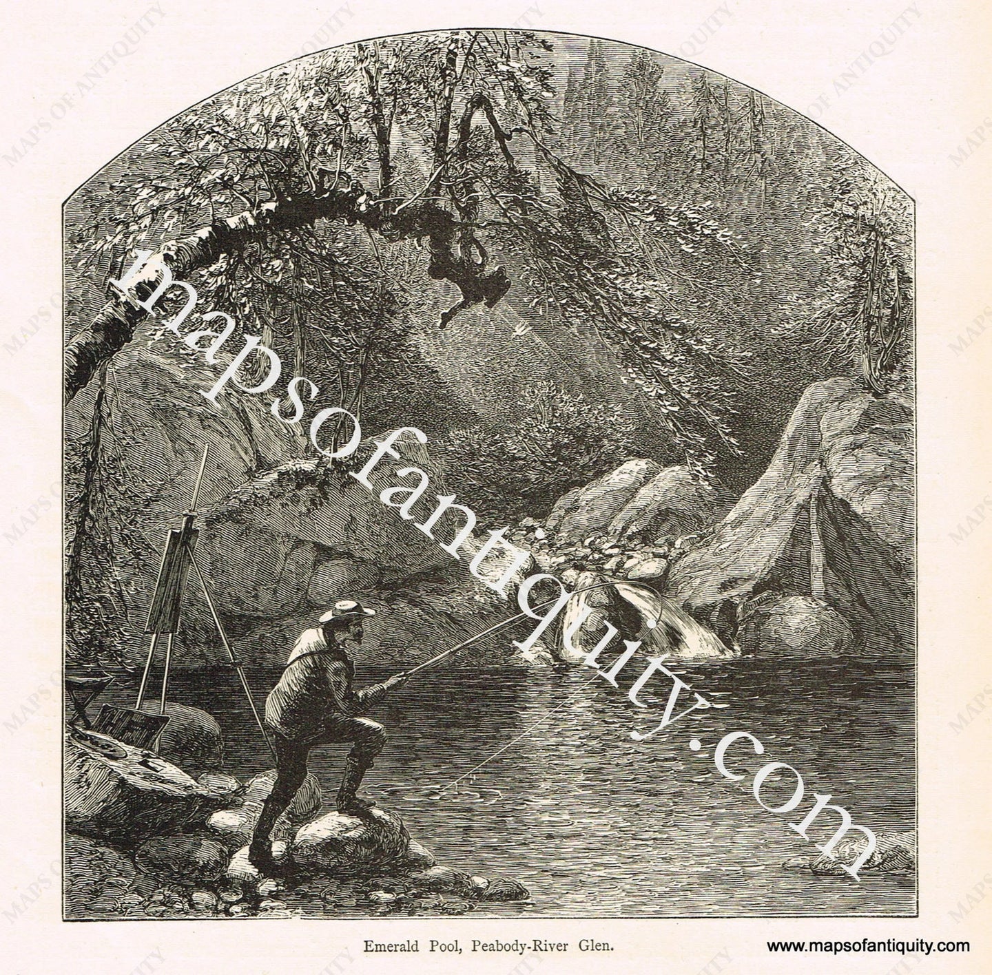 Antique-Black-and-White-Engraved-Illustration-Emerald-Pool-Peabody-River-Glen.-United-States-Northeast-1872-Picturesque-America-Maps-Of-Antiquity