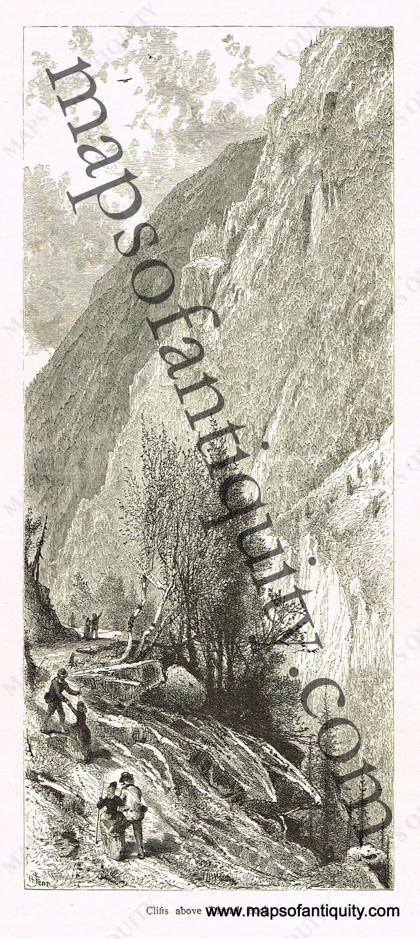 Antique-Black-and-White-Engraved-Illustration-Cliffs-Above-Dismal-Pool-United-States-Northeast-1872-Picturesque-America-Maps-Of-Antiquity