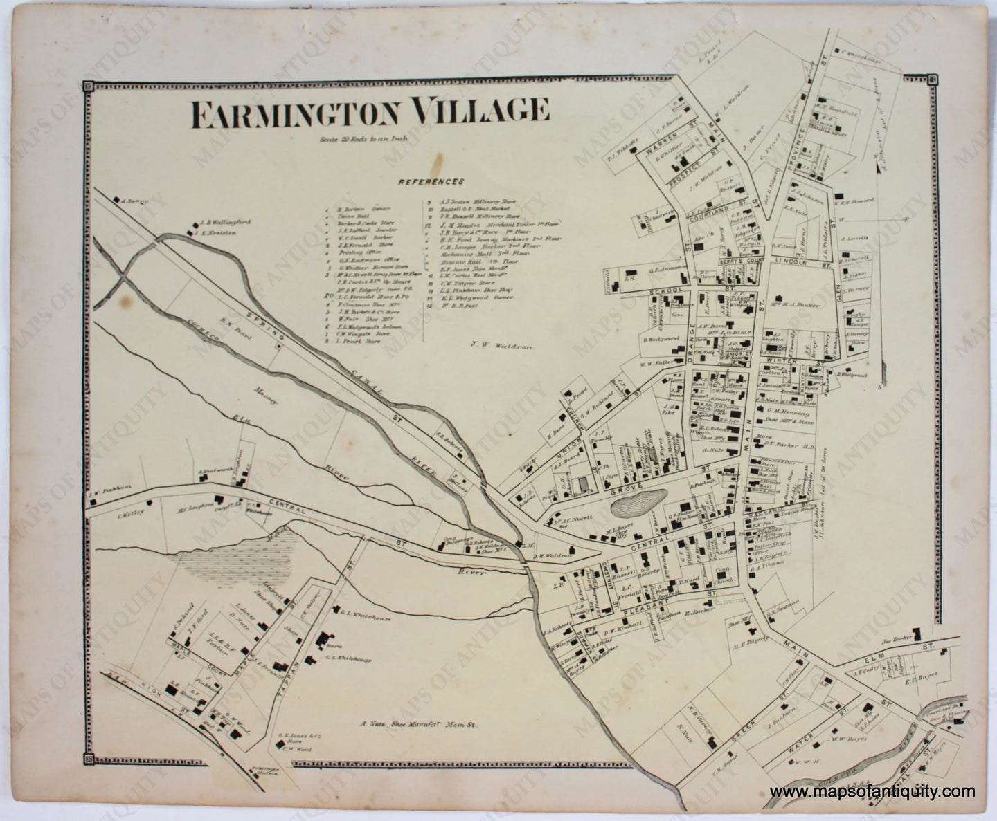 Antique-Map-Farmington-Village-Strafford-County-Town-Towns-New-Hampshire-NH-Sanford-Everts-1871-1870s-1800s-Mid-Late-19th-Century-Maps-of-Antiquity