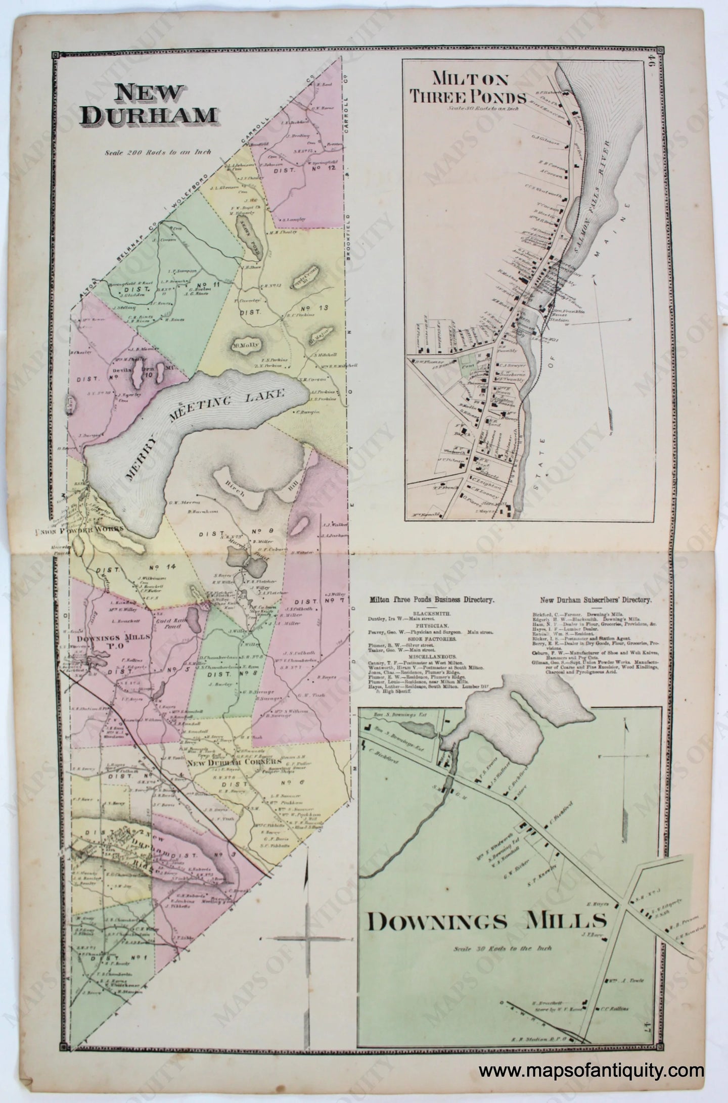 Antique-Map-New-Durham-Milton-Three-Ponds-Downings-Mills-Strafford-County-Town-Towns-New-Hampshire-NH-Sanford-Everts-1871-1870s-1800s-Mid-Late-19th-Century-Maps-of-Antiquity