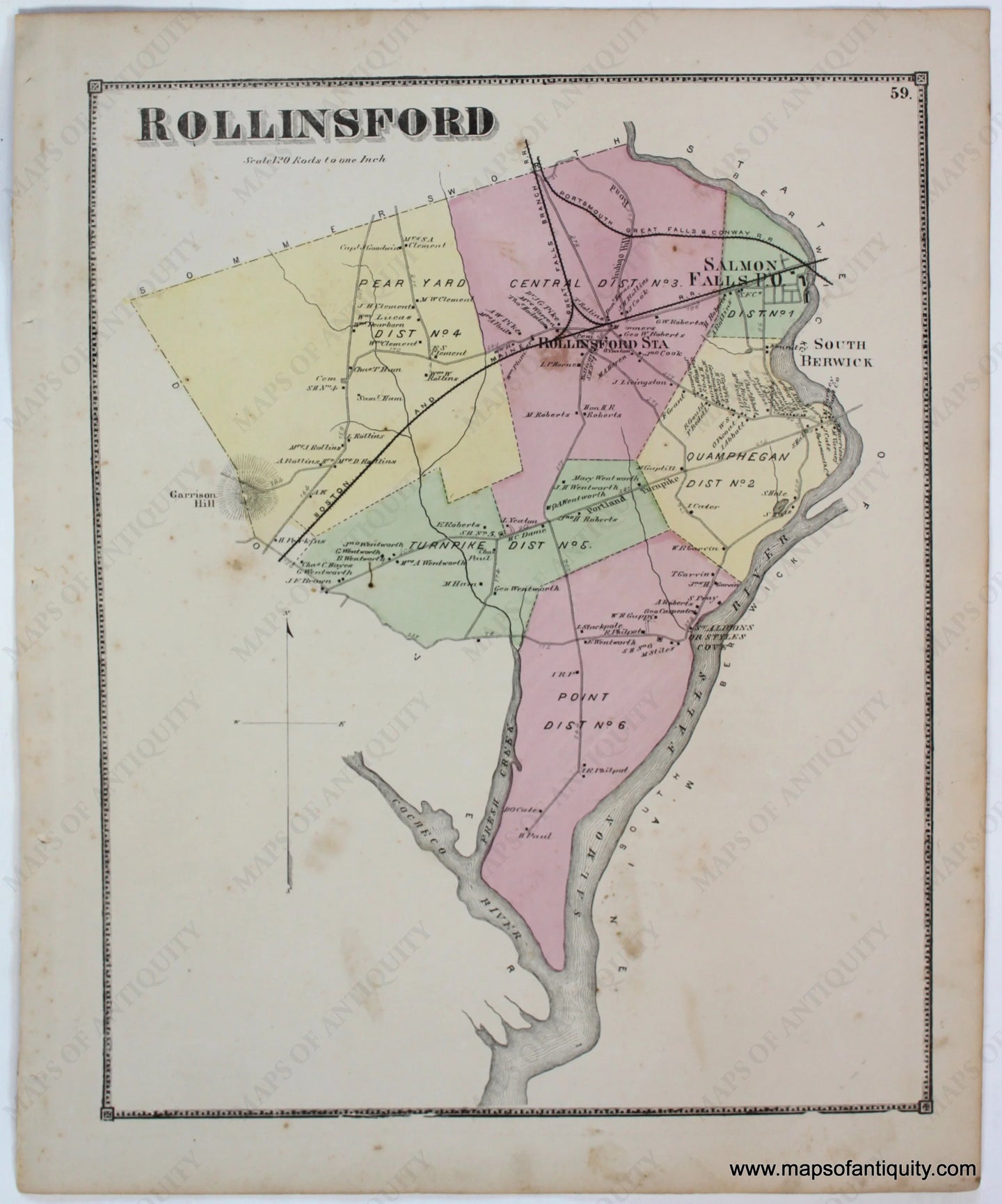 Antique-Map-Rollinsford-Strafford-County-Town-Towns-New-Hampshire-NH-Sanford-Everts-1871-1870s-1800s-Mid-Late-19th-Century-Maps-of-Antiquity