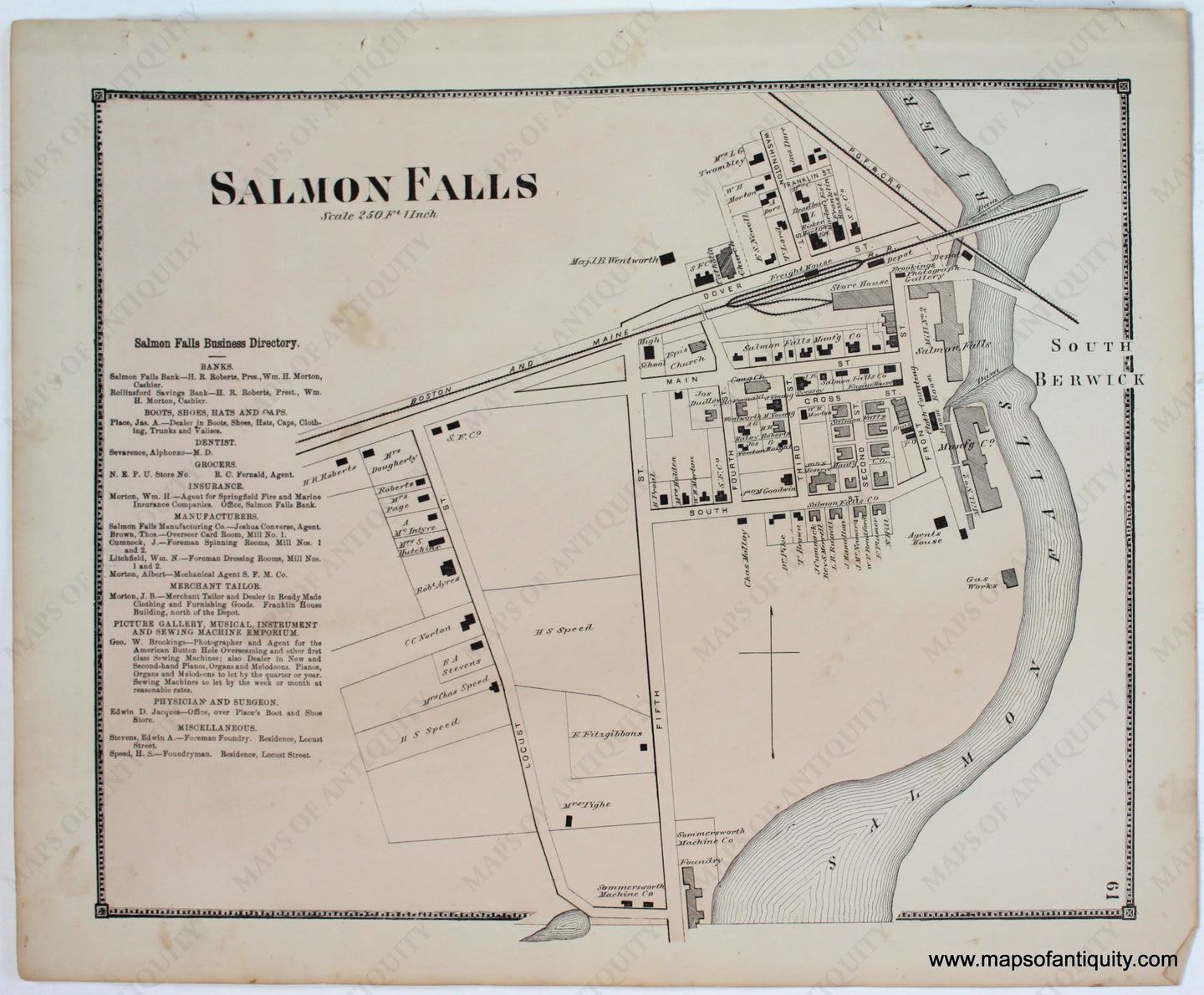 Antique-Map-Salmon-Falls-Strafford-County-Town-Towns-New-Hampshire-NH-Sanford-Everts-1871-1870s-1800s-Mid-Late-19th-Century-Maps-of-Antiquity