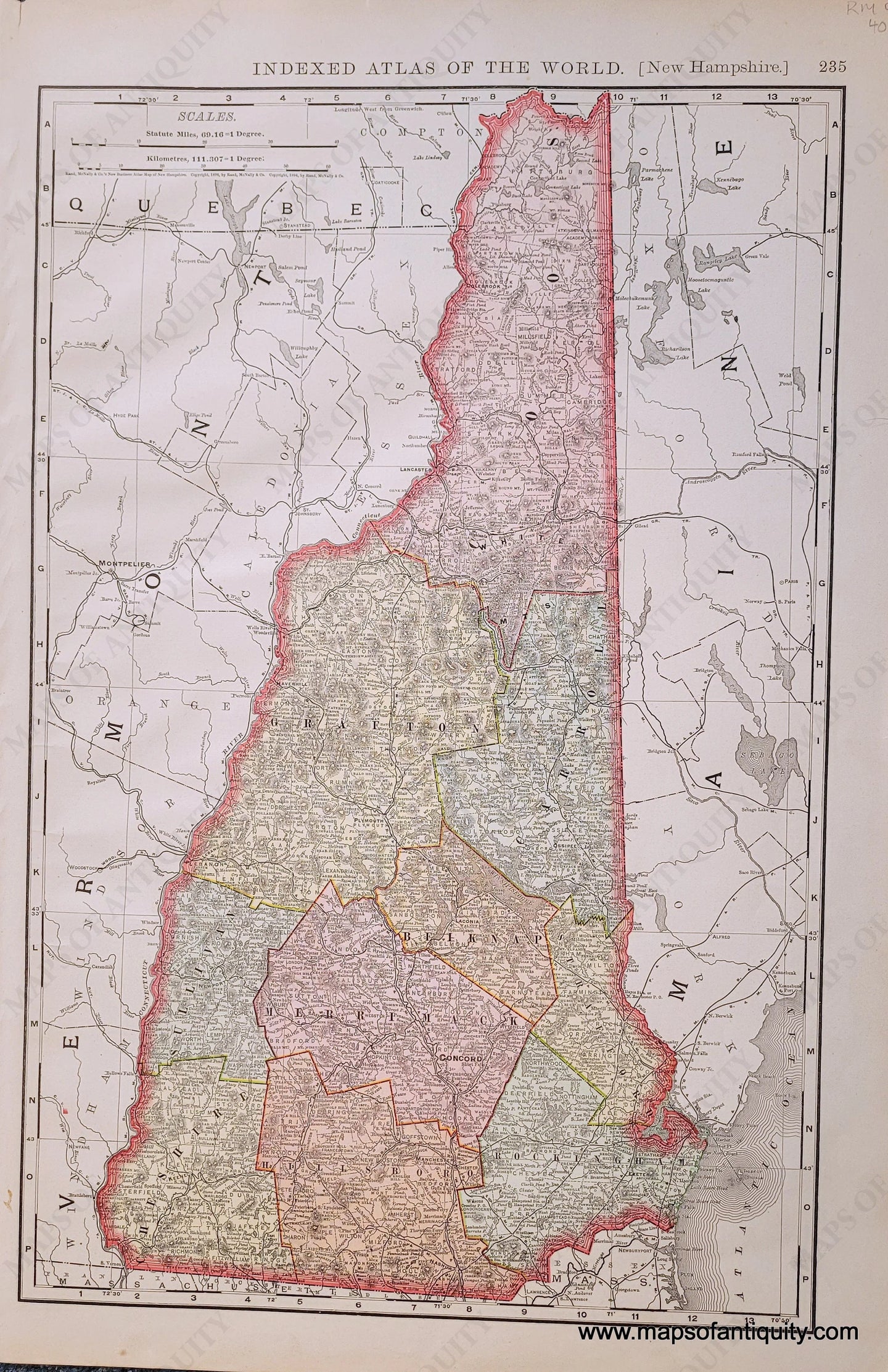 Genuine-Antique-Map-New-Hampshire-New-Hampshire--1898-Rand-McNally-Maps-Of-Antiquity-1800s-19th-century