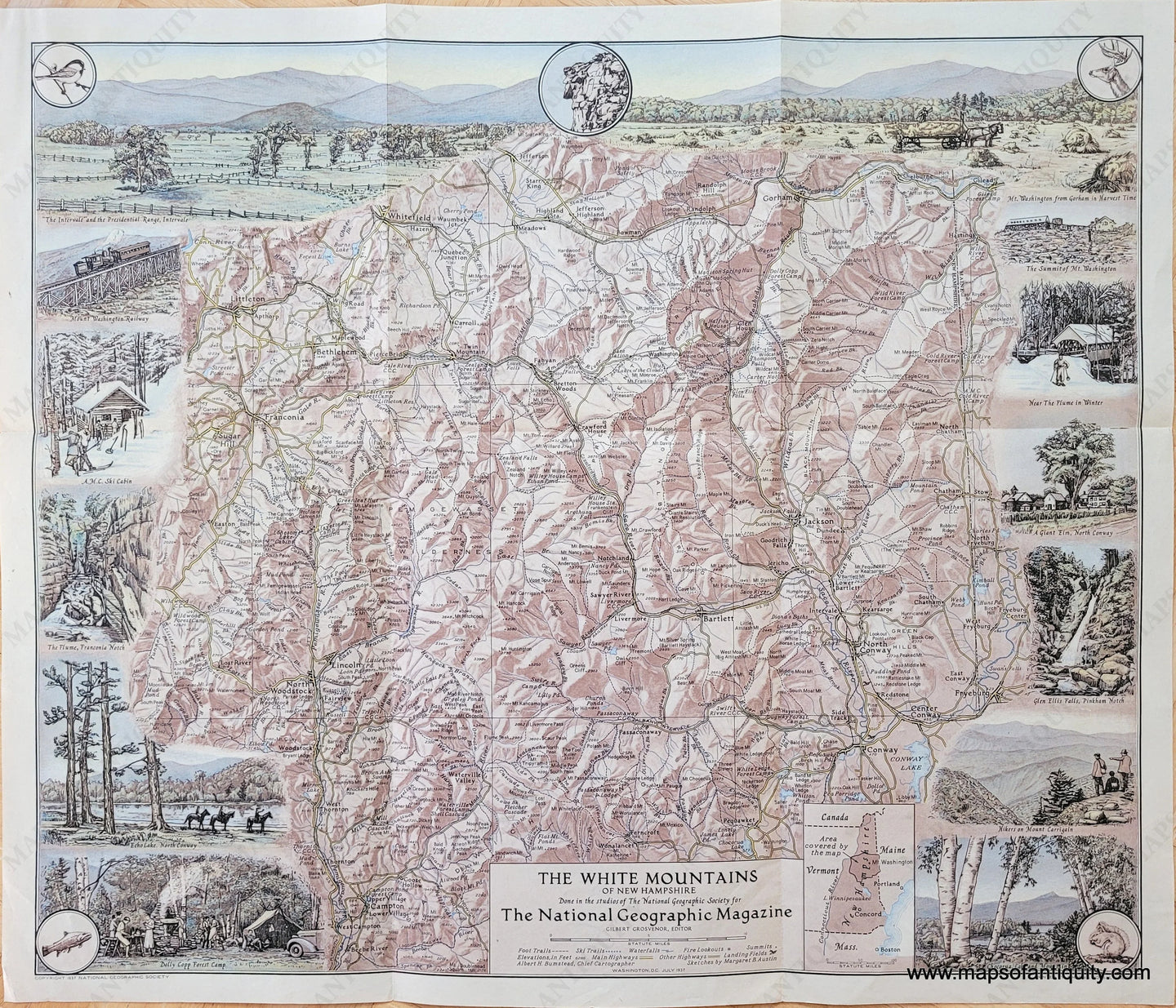 Genuine-Antique-Map-The-White-Mountains-of-New-Hampshire-1937-National-Geographic-Society-Maps-Of-Antiquity