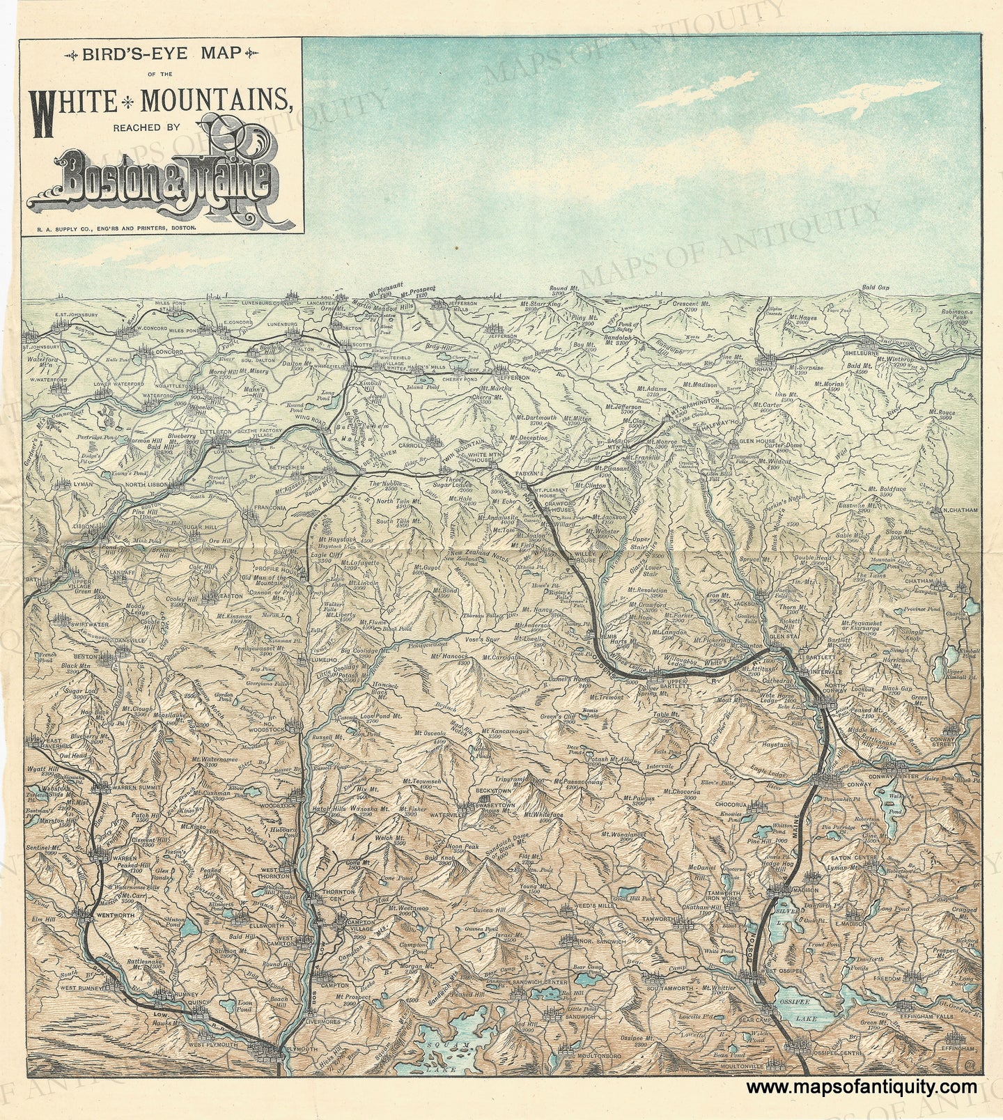 1887 - Bird's-Eye Map of the White Mountains reached by Boston and Maine - Antique Map