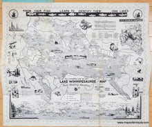 Load image into Gallery viewer, Map of Lake Winnipesaukee with illustrations and text in black and white with a printed border like a postage stamp
