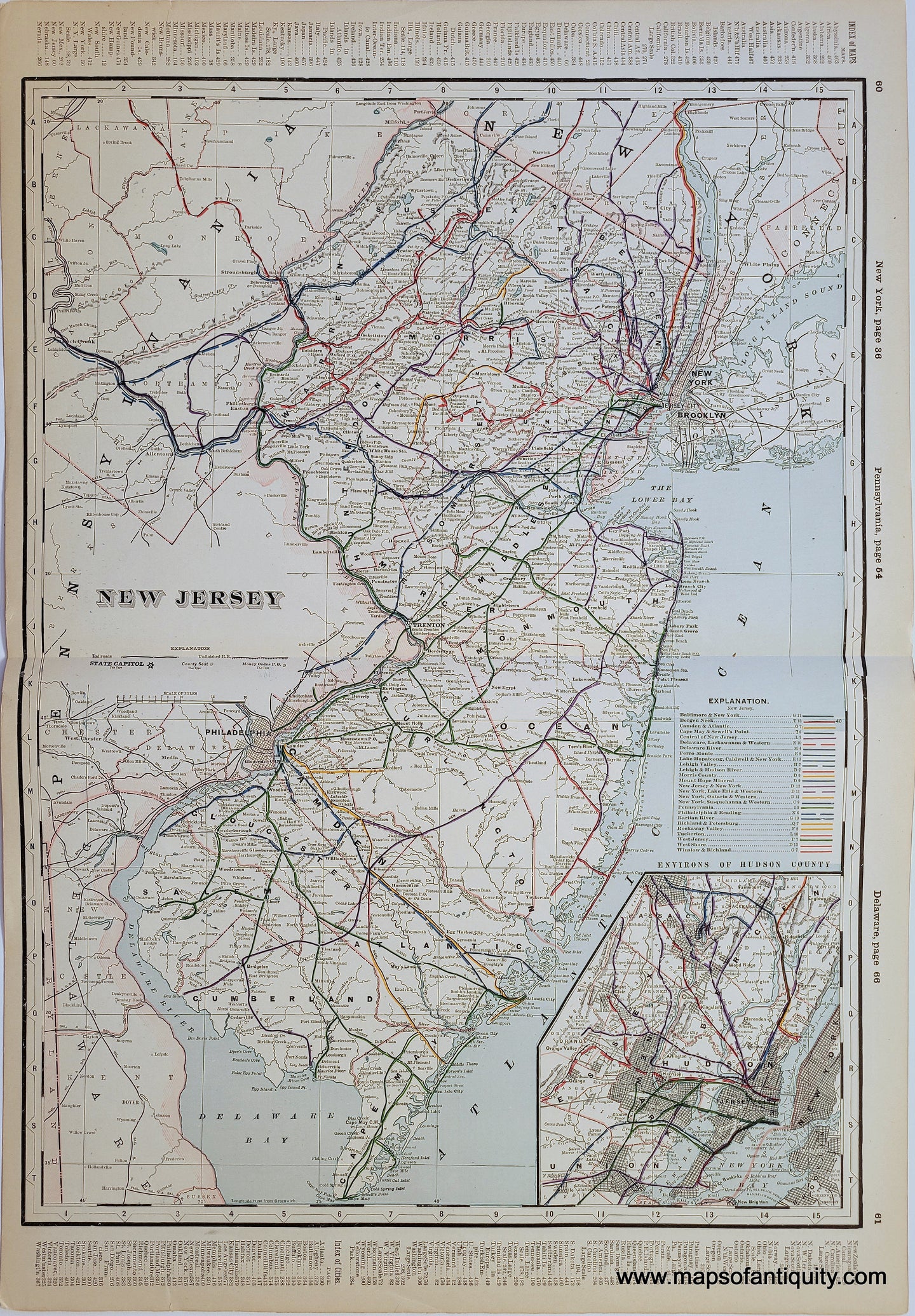 Antique map of the state of New Jersey with printed color. It shows all of the railroads in different colors, creating a rainbow network of railroads