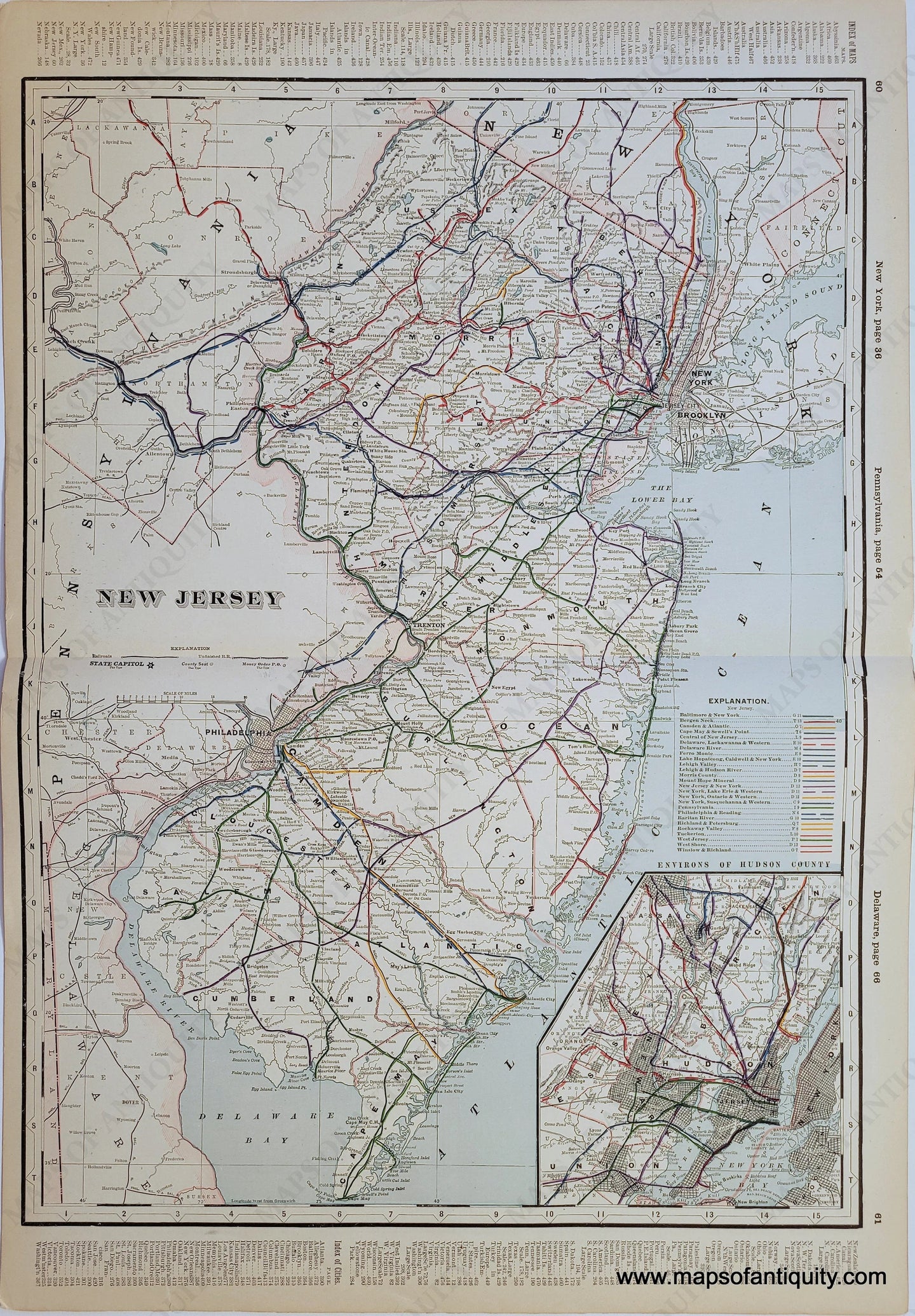 Antique map of the state of New Jersey with printed color. It shows all of the railroads in different colors, creating a rainbow network of railroads