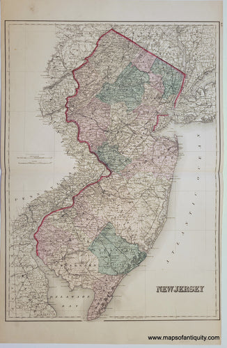 Hand-colored antique map of the state of New Jersey in colors of light orange, light green, light yellow, light pink, colored by county. Shows roads and railroads