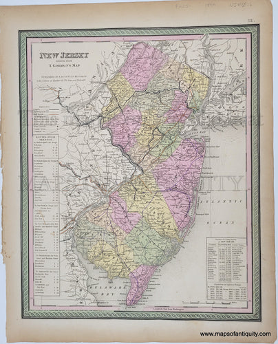 Antique Map with original hand-coloring in tones of green, yellow, peach, and pink. 
Antique-Hand-Colored-Map-Map-of-New-Jersey.--United-States-Northeast-1849-Mitchell-Maps-Of-Antiquity