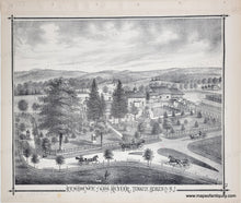 Load image into Gallery viewer, Vintage black and white illustration of a residential area with houses, trees, and horses.
