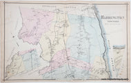 Colorful map of Harrington Township, Hookland County, with labeled rivers and boundaries. Antique Map with original hand-coloring in tones of yellow, green, pink.