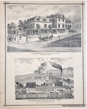 Load image into Gallery viewer, Two vintage illustrations of a building and a factory on a white background.
