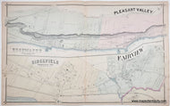Antique map of Pleasant Valley, Edgewater, and Ridgefield with labeled streets and boundaries. Antique Map with original hand-coloring in tones of yellow, green, pink.