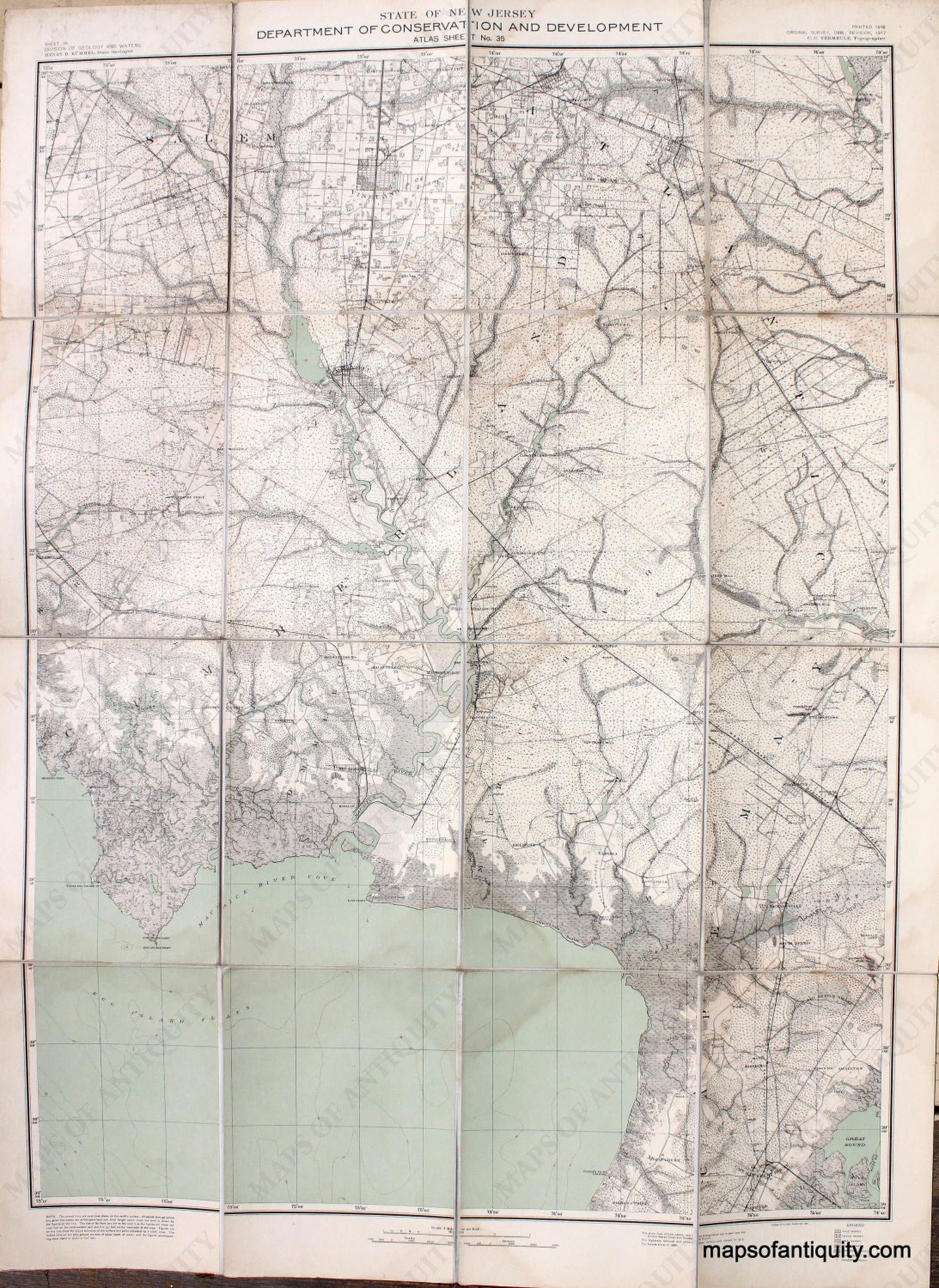 Antique-Folding-Topographical-Map-Printed-Color-Millville-New-Jersey-area-Atlas-Sheet-No.-35-New-Jersey-Folding-Maps-1918-State-of-New-Jersey-Department-of-Conservation-and-Development-Maps-Of-Antiquity