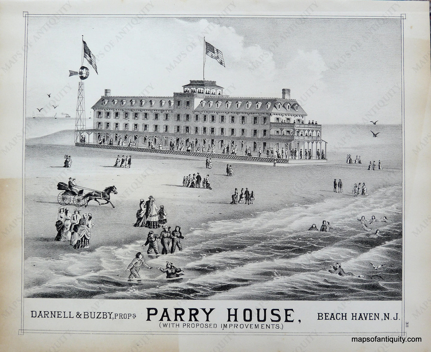 Antique-Black-and-White-Engraving-Beach-Haven-N.J.-Parry-House--United-States-New-Jersey-1878-Woolman-&-Rose-Maps-Of-Antiquity