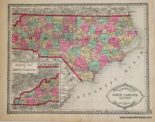 1887 - Tunison’s North Carolina Antique Map Genuine Hand-Colored