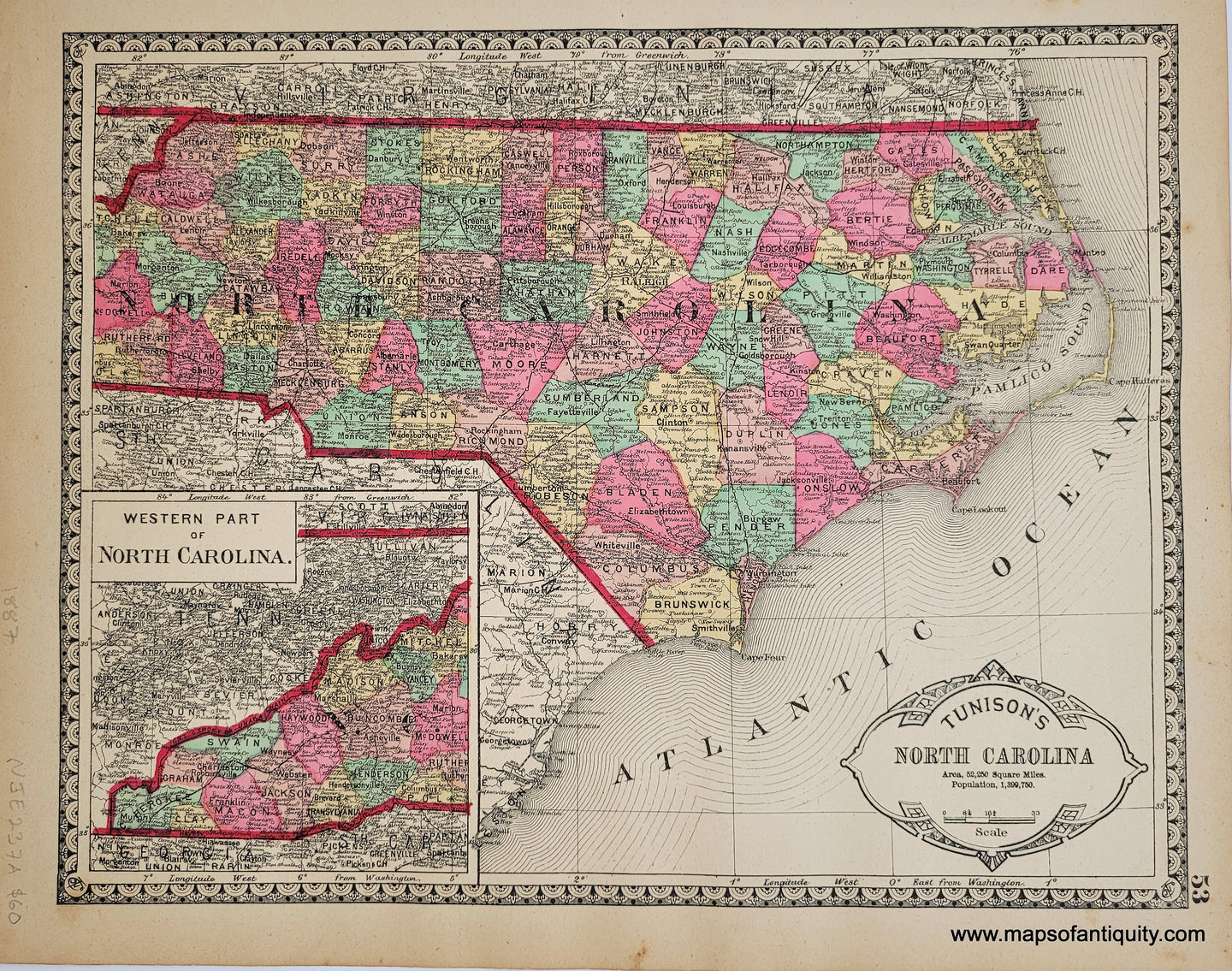 1887 - Tunison's North Carolina - Antique Map