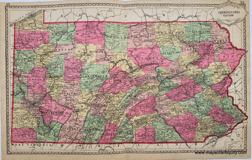 1887 - Tunison’s Pennsylvania Antique Map Genuine Hand-Colored